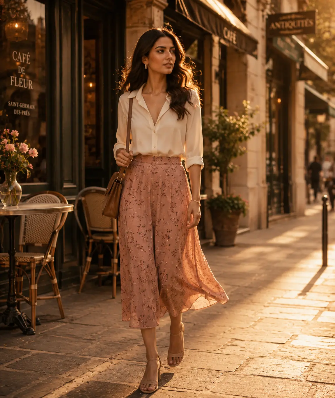 Woman in silk blouse and blush floral skirt on a Parisian street