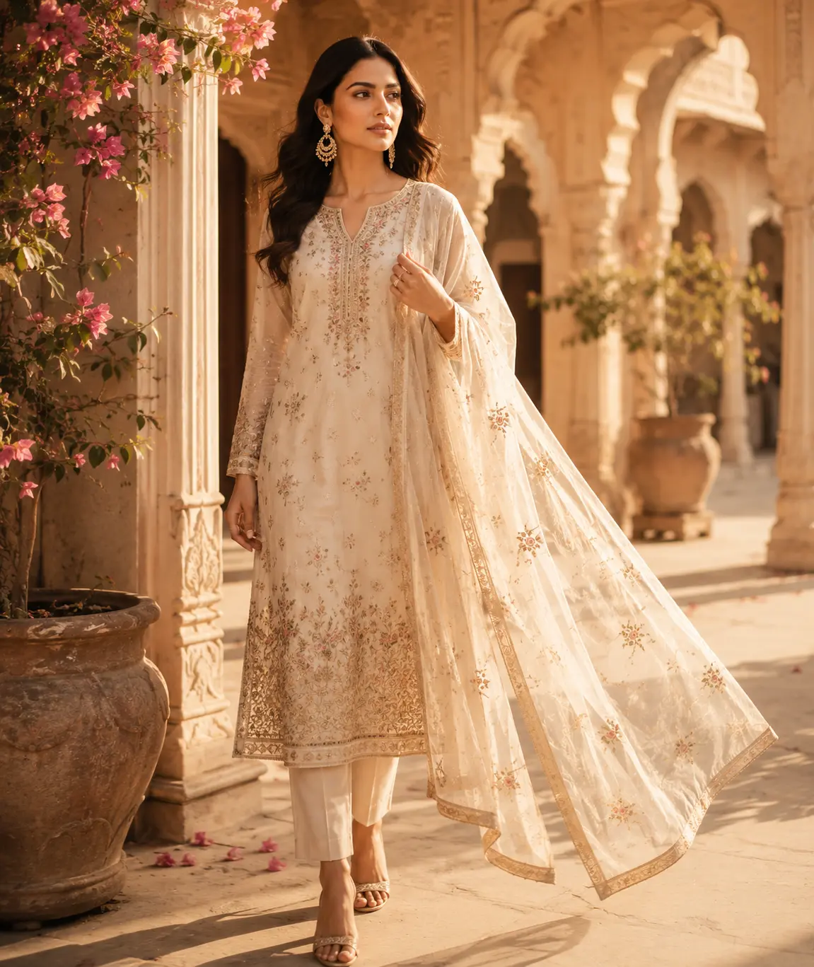 Woman in embroidered ivory Indian suit at a palace courtyard